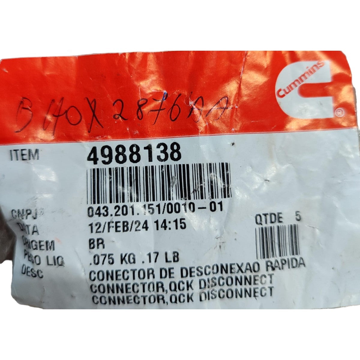 Conector Engate Rápido Tubo Compressor 10mm Cummins Original