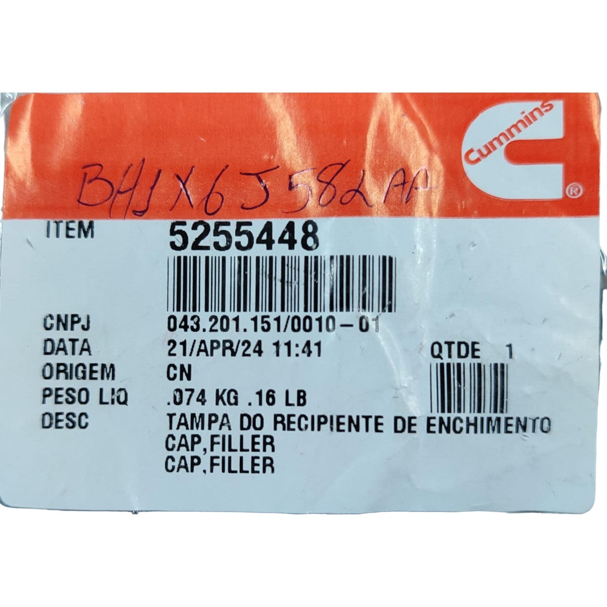 Tampa do Enchimento do Óleo Cummins ISB 4 e 6 Cilindros