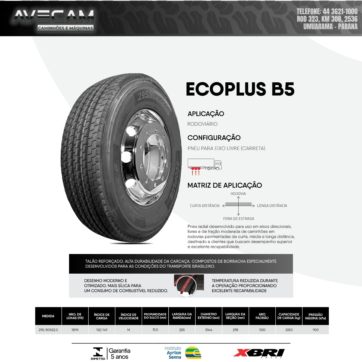 Pneu XBRI ECOPLUS B5 295/80R22.5 18PR Rodoviário