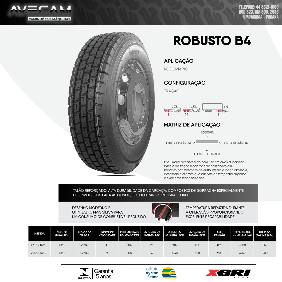 Pneu XBRI ROBUSTO B4 295/80R22.5 18PR Tração