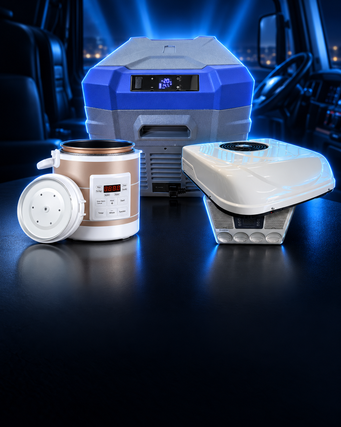 Geladeira portátil, panela elétrica e ar-condicionado de teto para caminhão