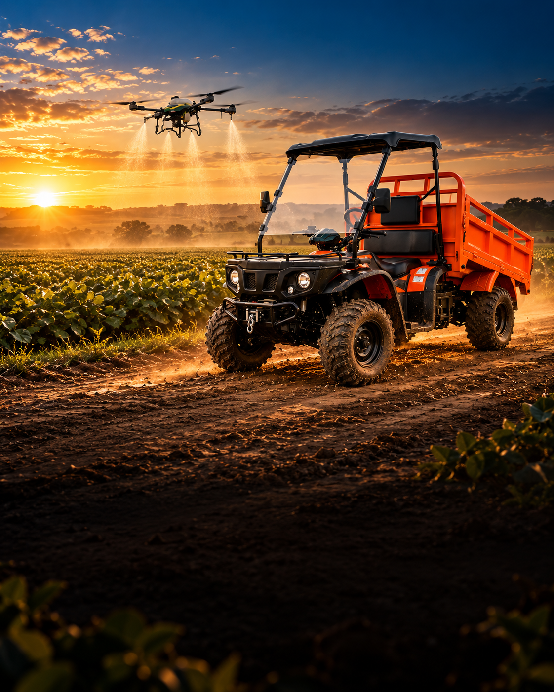 Drones agrícolas GTEEX, tratores Budny e o quadriciclo Terra 800, com venda, peça e suporte da Avecam.