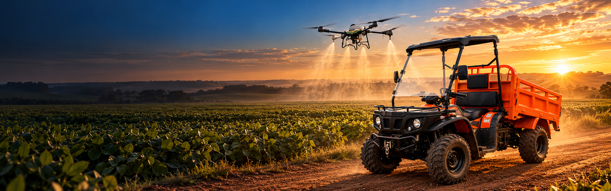 Drones agrícolas GTEEX, tratores Budny e o quadriciclo Terra 800, com venda, peça e suporte da Avecam.